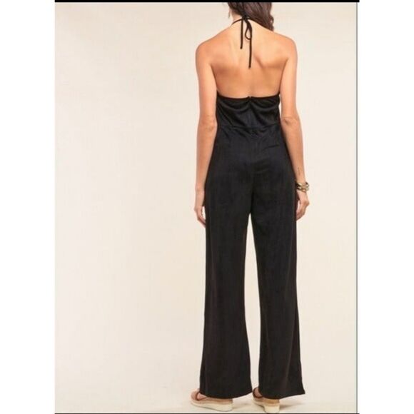 SUGAR + L!PS Black Suede Eyelet Embroidered Halter Jumpsuit size medium - Picture 2 of 7